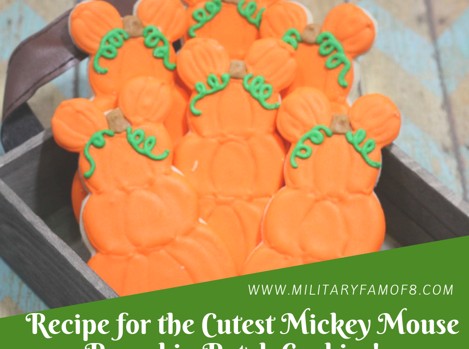 Recipe for the Cutest Mickey Mouse Pumpkin Patch Cookies! Super easy step-by-step pictures for delicious sugar cookies and royal icing recipes. Make Disney theme Halloween and Thanksgiving day cookies everyone will love! #Disney #Disneycookies #DisneyDesserts #Cookies #HalloweenCookies