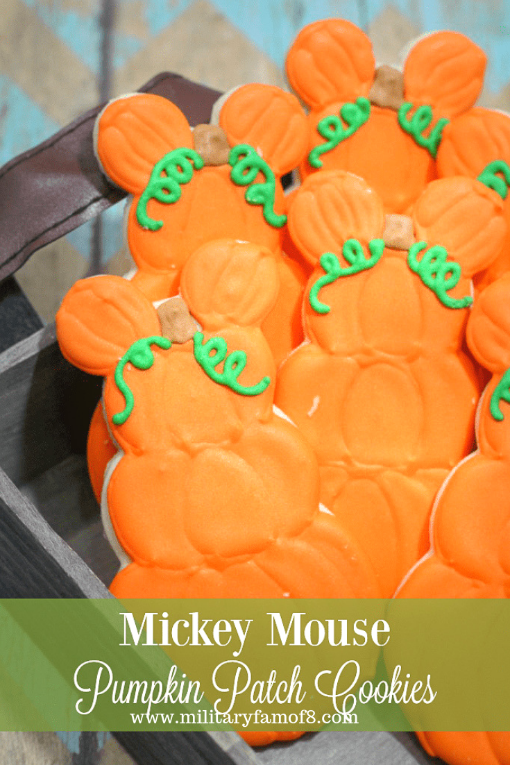 Recipe for the Cutest Mickey Mouse Pumpkin Patch Cookies! Super easy step-by-step pictures for delicious sugar cookies and royal icing recipes. Make Disney theme Halloween and Thanksgiving day cookies everyone will love! #Disney #Disneycookies #DisneyDesserts #Cookies #HalloweenCookies