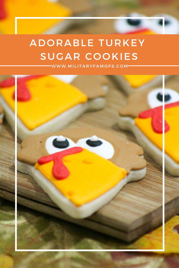  Adorable Turkey Sugar Cookies! Are you finalizing some of your Thanksgiving recipes but need that special something? I've got a cute turkey sugar cookie recipe that will wow your guests! Wait until you see what cookie cutter was used! These cookies are not only adorable, but they are also crispy and delicious! Recipe for Thanksgiving day cookies. #Thanksgiving 