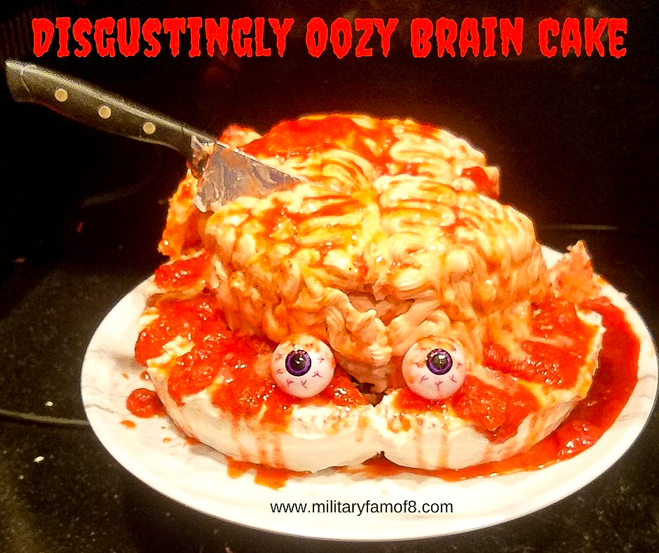 Disgustingly Oozy Brain Cake- Halloween Cake. With step-by-step instructions and a video with the end result, there is no way you can get this cake wrong! You will Definitely be voted the coolest & creepiest house in your town! Creepy Halloween Cake. 
