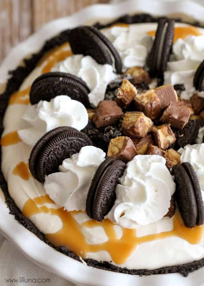 Oreo Snickers Pie The Ultimate Leftover Candy Recipe Collection! With over 70 recipes you are sure to find ways to use left over candy in ways you did not imagine! From pies to ice cream to drinks, these recipes will blow your mind! 