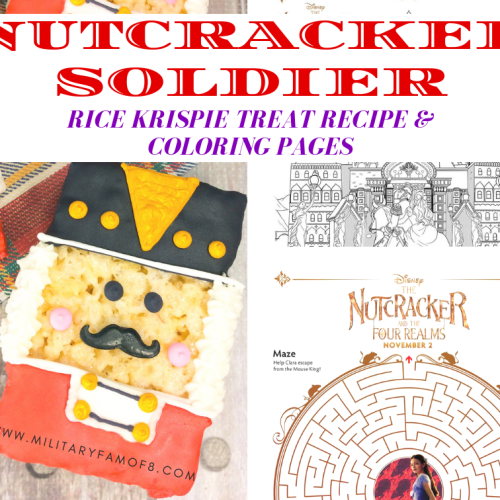 The cutest Nutcracker Soldier Rice Krispie Treat Recipe & Coloring Pages. This is such an easy recipe using store bought rice krispie treats. Great way to make a quick dessert and have fun at the same time! Enjoy the coloring pages and games!