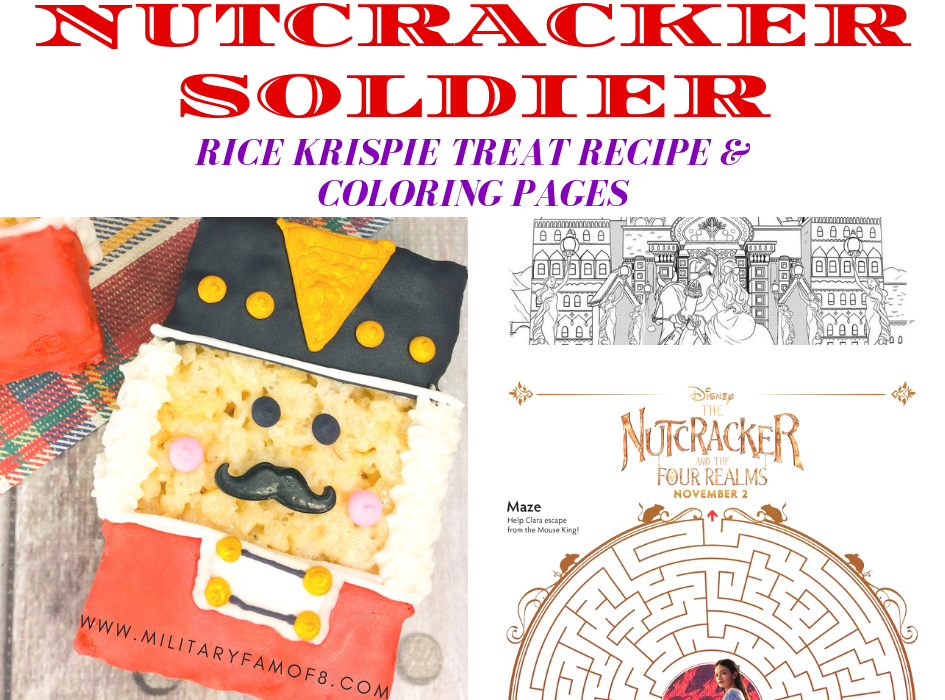 The cutest Nutcracker Soldier Rice Krispie Treat Recipe & Coloring Pages. This is such an easy recipe using store bought rice krispie treats. Great way to make a quick dessert and have fun at the same time! Enjoy the coloring pages and games!