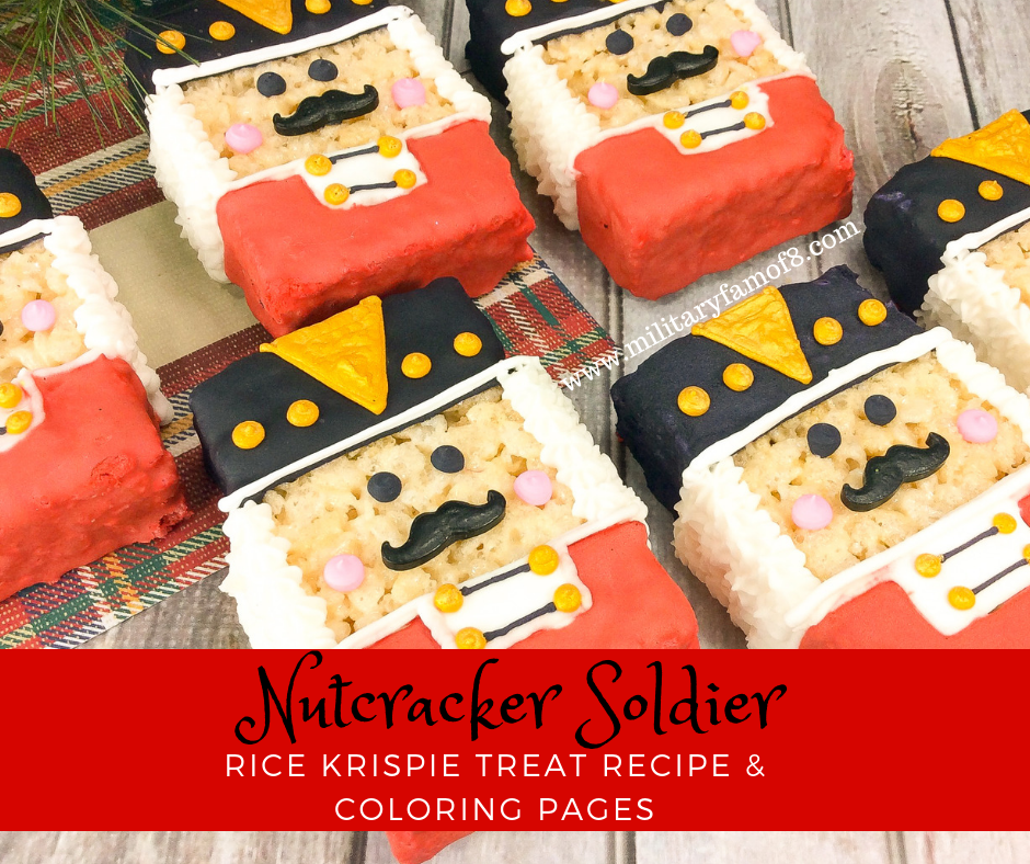 The cutest Nutcracker Soldier Rice Krispie Treat Recipe & Coloring Pages. This is such an easy recipe using store bought rice krispie treats. Great way to make a quick dessert and have fun at the same time! Enjoy the coloring pages and games!