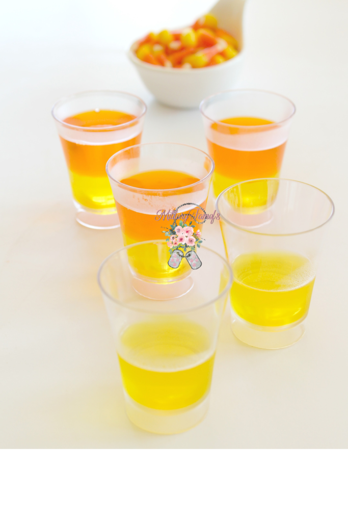 Candy Corn Jell-O Shots The Perfect Halloween Treat! Get into the spirit of things with these candy corn jello shots! They are perfect for kids to enjoy and you can also add a little fun adult potion to make them the perfect adult Halloween treat!